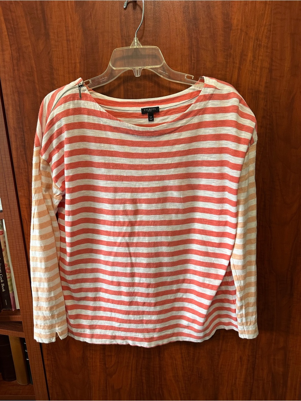 Talbots Coral and Cream Striped Long Sleeve Cotton Tee
